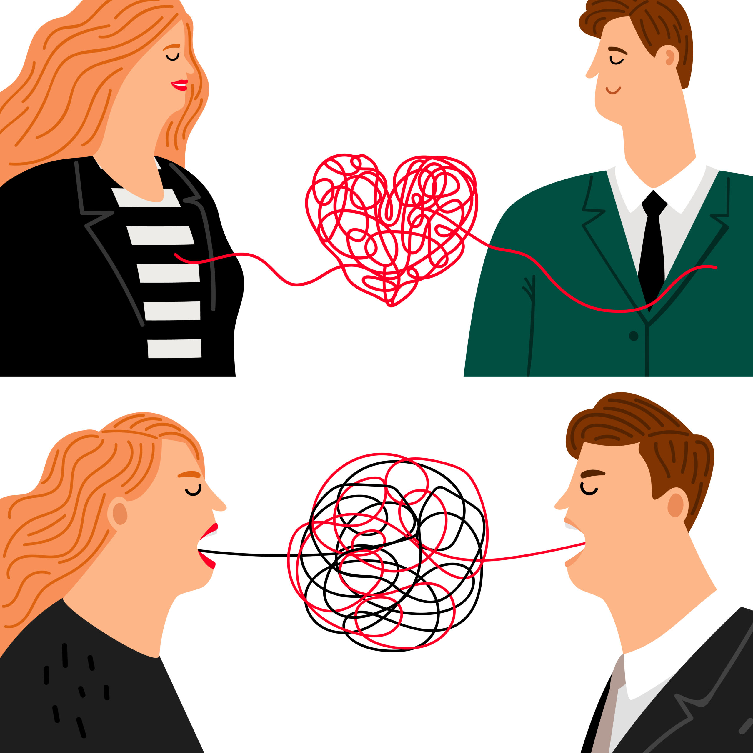 Love hate man and woman. Angry sad wife and husband characters and marriage couple in love, emotions and relationships concepts, vector illustration