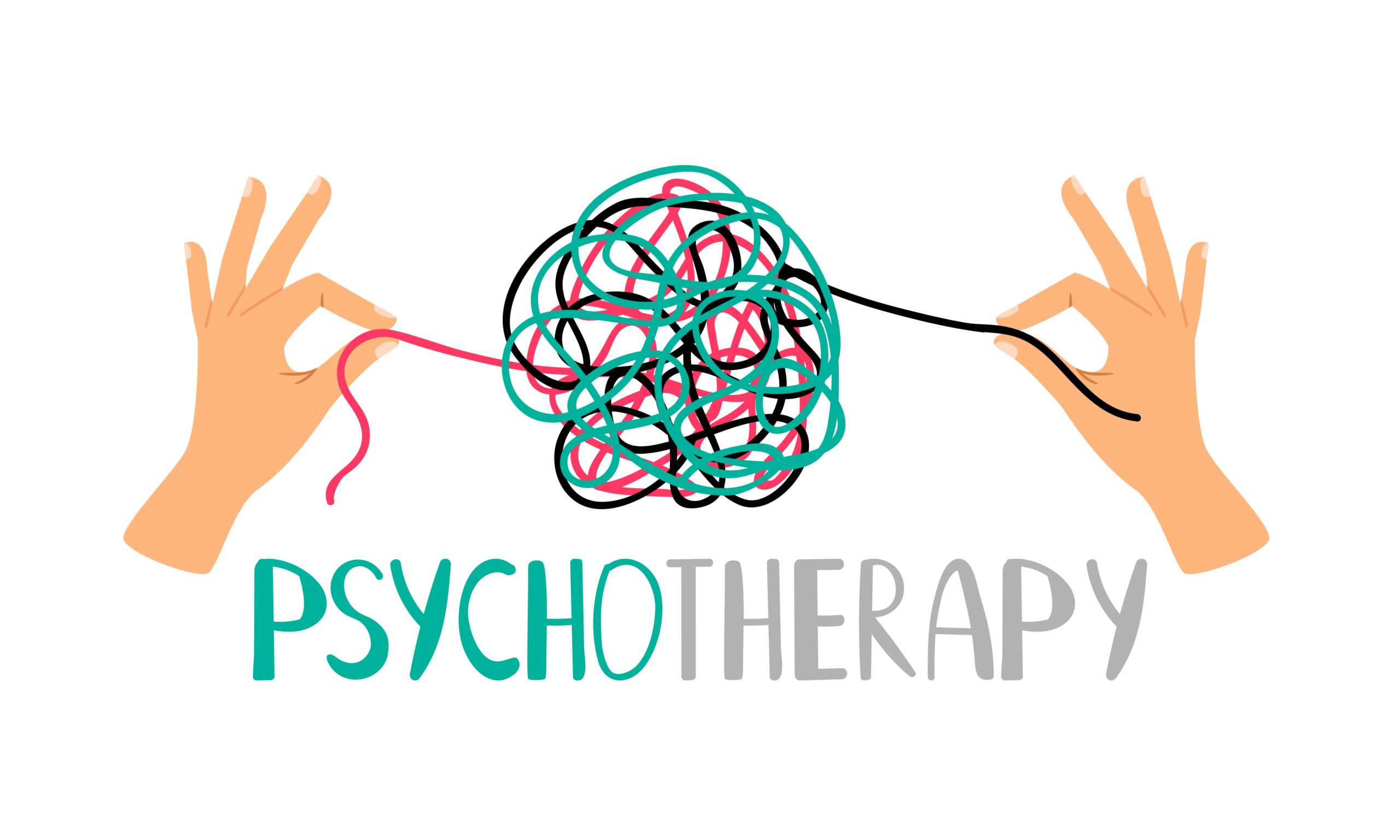 psychotherapy concept illustration with hands untangling messy snarl knot, vector illustration